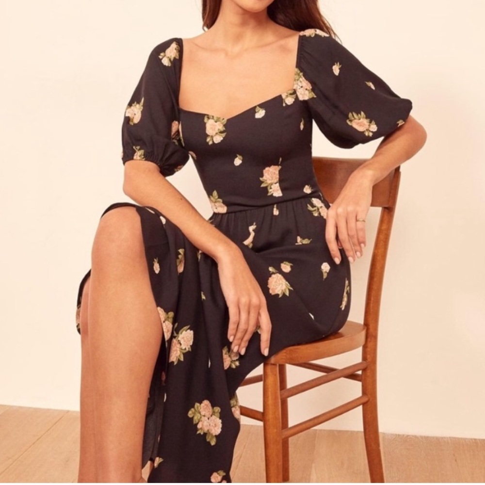 Reformation Zippy Midi Dress Aphrodite Black Pink Floral Sweetheart Neckline 2 - Picture 8 of 8